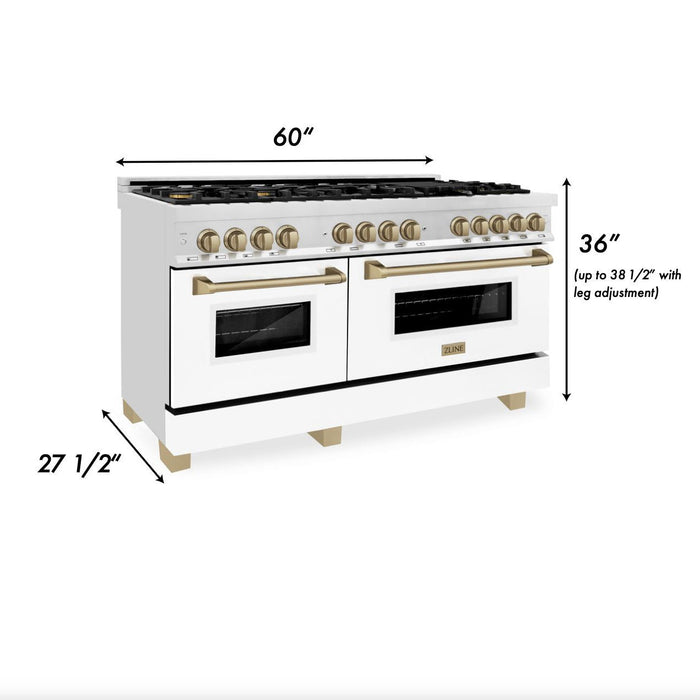 ZLINE Autograph Edition 60 in. 7.4 cu. ft. Legacy Dual Fuel Range with 9 Burner Gas Cooktop and 2 Electric Convection Ovens in Stainless Steel with White Matte Doors and Champagne Bronze Accents (RAZ-WM-60-CB)