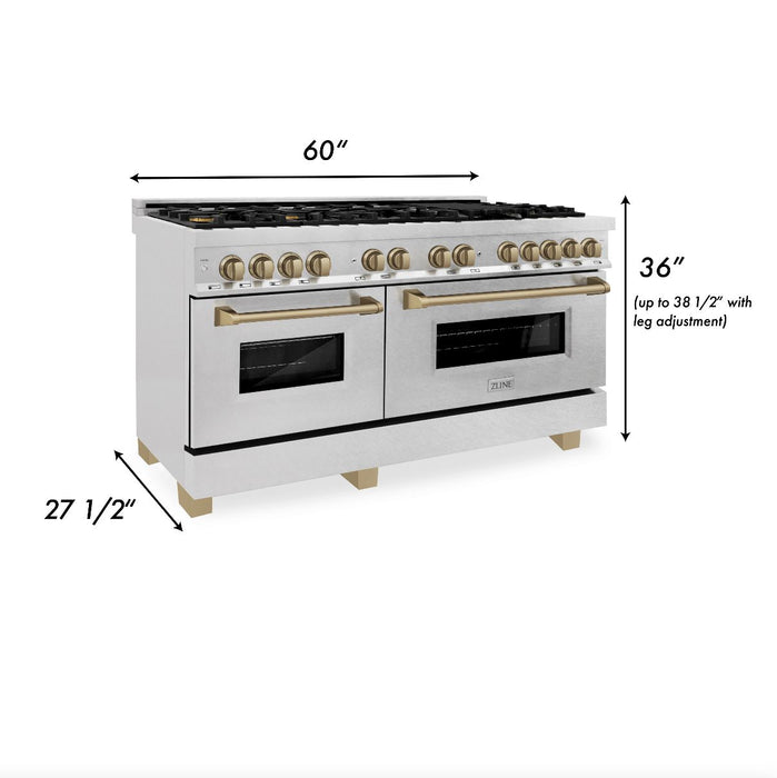 ZLINE Autograph Edition 60 in. 7.4 cu. ft. Legacy Dual Fuel Range with 9 Burner Gas Cooktop and 2 Electric Convection Ovens in DuraSnow® Stainless Steel and Champagne Bronze Accents (RASZ-SN-60-CB)