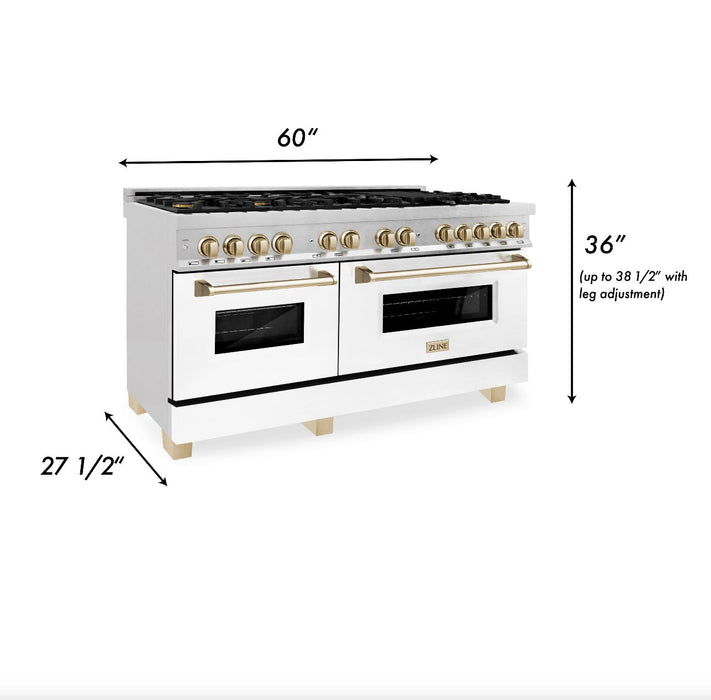 ZLINE Autograph Edition 60 in. 7.4 cu. ft. Legacy Dual Fuel Range with 9 Burner Gas Cooktop and 2 Electric Convection Ovens in Stainless Steel with White Matte Doors and Polished Gold Accents (RAZ-WM-60-G)