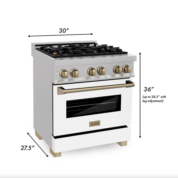 ZLINE Autograph Edition 30 in. 4.0 cu. ft. Legacy Dual Fuel Range with 4 Burner Gas Cooktop and Electric Convection Oven in DuraSnow® Stainless Steel with White Matte Door and Champagne Bronze Accents (RASZ-WM-30-CB)