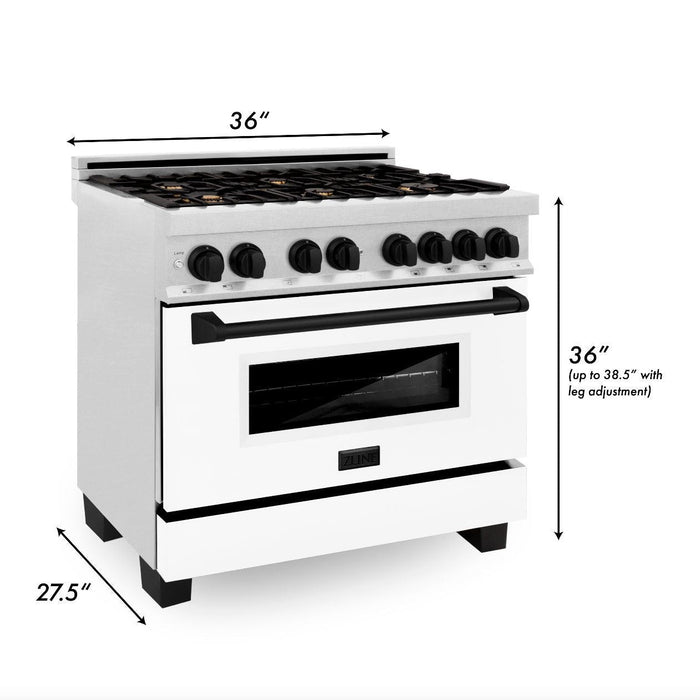 ZLINE Autograph Edition 36 in. 4.6 cu. ft. Legacy Dual Fuel Range with 6 Burner Gas Cooktop and Electric Convection Oven in DuraSnow® Stainless Steel with White Matte Door and Matte Black Accents (RASZ-WM-36-MB)