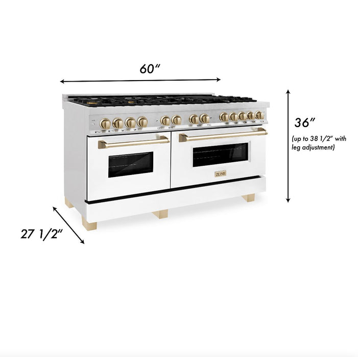 ZLINE Autograph Edition 60 in. 7.4 cu. ft. Legacy Dual Fuel Range with 9 Burner Gas Cooktop and 2 Electric Convection Ovens in DuraSnow® Stainless Steel with White Matte Doors and Polished Gold Accents (RASZ-WM-60-G)