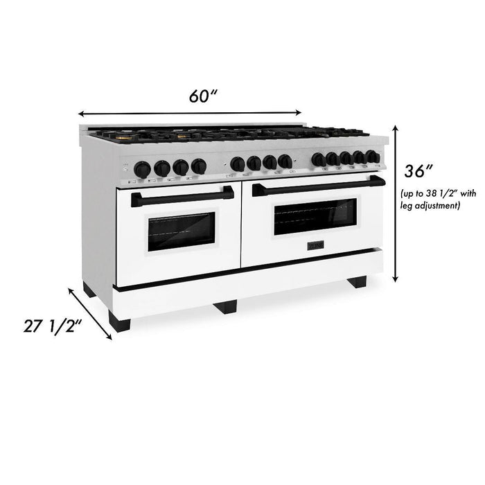 ZLINE Autograph Edition 60 in. 7.4 cu. ft. Legacy Dual Fuel Range with 9 Burner Gas Cooktop and 2 Electric Convection Ovens in DuraSnow® Stainless Steel with White Matte Doors and Matte Black Accents (RASZ-WM-60-MB)