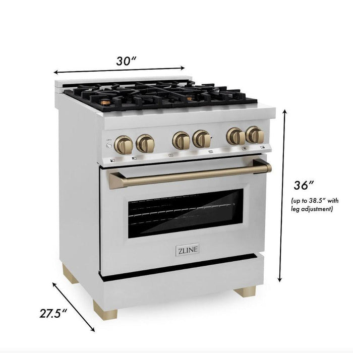 ZLINE Autograph Edition 30 in. 4.0 cu. ft. Legacy Dual Fuel Range with 4 Burner Gas Cooktop and Electric Convection Oven in Stainless Steel and Champagne Bronze Accents (RAZ-30-CB)