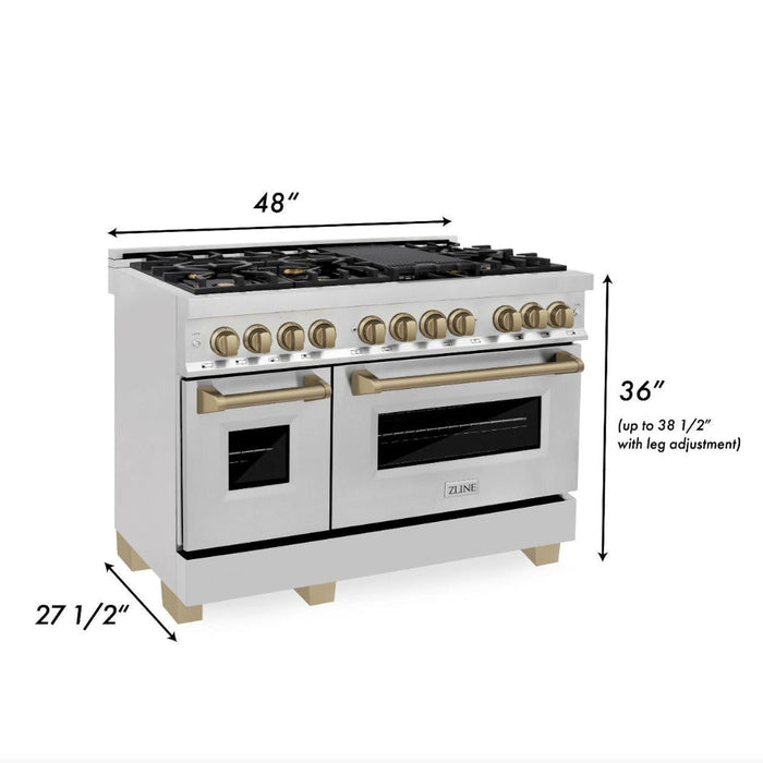 ZLINE Autograph Edition 48 in. 6.0 cu. ft. Legacy Dual Fuel Range with 7 Burner Gas Cooktop and 2 Electric Ovens in Stainless Steel and Champagne Bronze Accents (RAZ-48-CB)