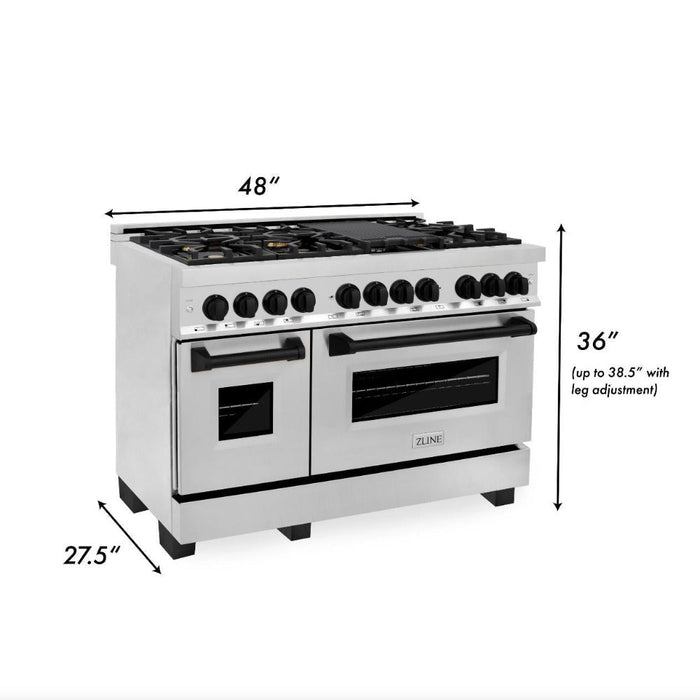 ZLINE Autograph Edition 48 in. 6.0 cu. ft. Legacy Dual Fuel Range with 7 Burner Gas Cooktop and 2 Electric Ovens in Stainless Steel and Matte Black Accents (RAZ-48-MB)