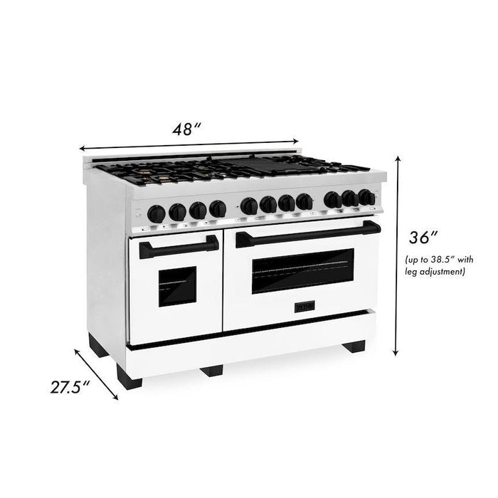 ZLINE Autograph Edition 48 in. 6.0 cu. ft. Legacy Dual Fuel Range with 7 Burner Gas Cooktop and 2 Electric Ovens in Stainless Steel with White Matte Doors and Matte Black Accents (RAZ-WM-48-MB)