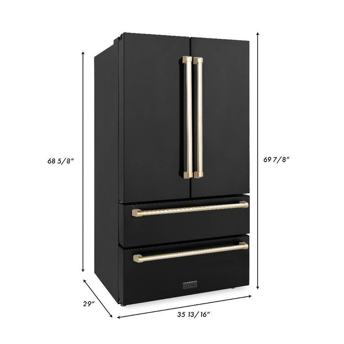 ZLINE Autograph Edition 36 in. Kitchen Package with Black Stainless Steel Dual Fuel Range, Range Hood, Dishwasher and Refrigeration with Polished Gold Accents (4AKPR-RABRHDWV36-G)