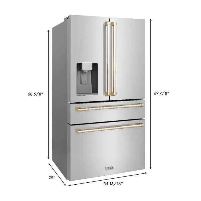 ZLINE Autograph Edition 36 in. Kitchen Package with Stainless Steel Dual Fuel Range, Range Hood, Dishwasher and Refrigeration Including External Water Dispenser with Polished Gold Accents (4AKPR-RARHDWM36-G)