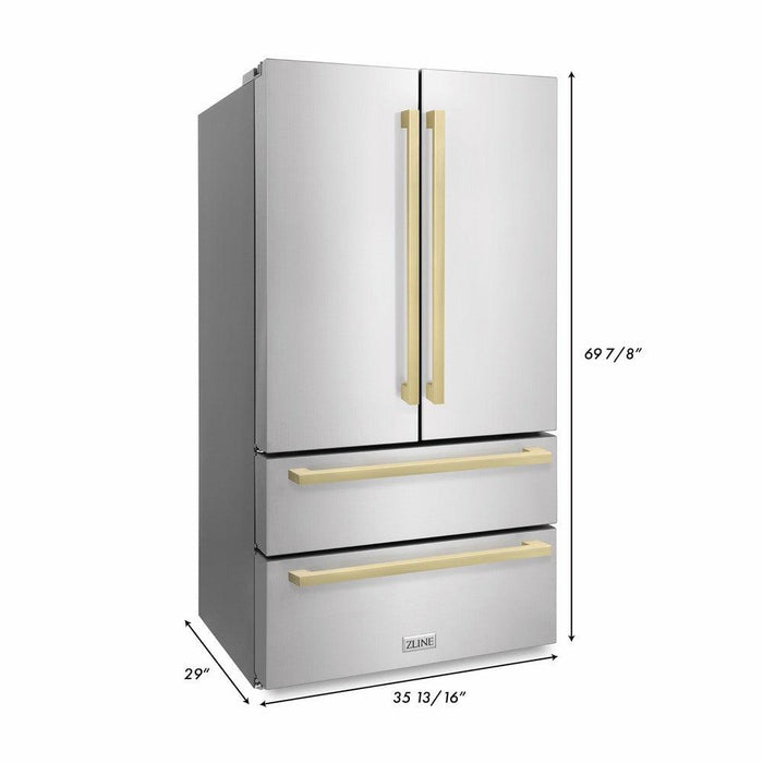 ZLINE Autograph Edition 36 in. 22.5 cu. ft 4-Door French Door Refrigerator with Ice Maker in Stainless Steel with Champagne Bronze Modern Handles (RFMZ-36-FCB)