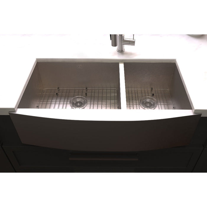 ZLINE Courchevel 36 in. Farmhouse Apron Mount Double Bowl Scratch Resistant Stainless Steel Kitchen Sink with Bottom Grid (SA60D-36S)