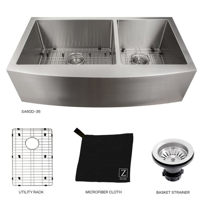 ZLINE Courchevel 36 in. Farmhouse Apron Mount Double Bowl Stainless Steel Kitchen Sink with Bottom Grid (SA60D-36)