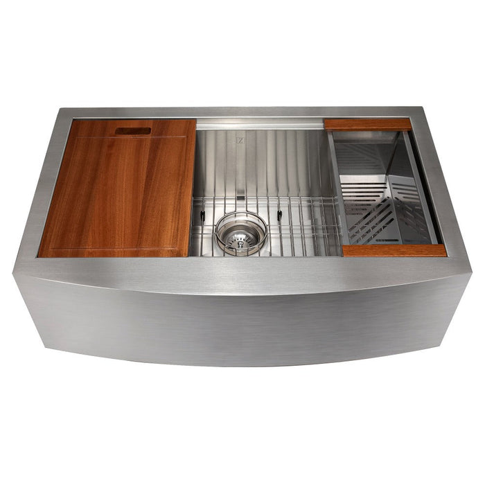 ZLINE Moritz 33 in. Farmhouse Apron Mount Single Bowl Stainless Steel Kitchen Sink with Bottom Grid and Accessories (SLSAP-33)