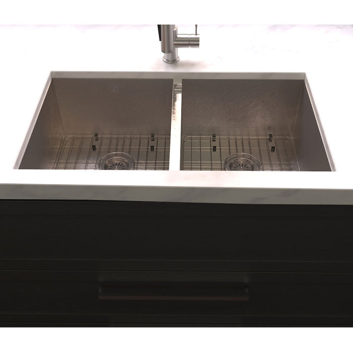 ZLINE Anton 33 in. Undermount Double Bowl Scratch Resistant Stainless Steel Kitchen Sink with Bottom Grid (SR50D-33S)