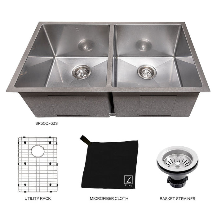 ZLINE Anton 33 in. Undermount Double Bowl Scratch Resistant Stainless Steel Kitchen Sink with Bottom Grid (SR50D-33S)