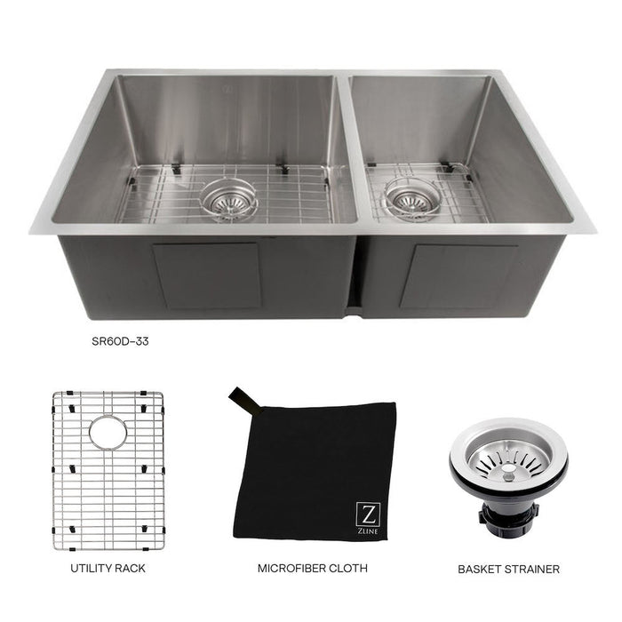 ZLINE Chamonix 33 in. Undermount Double Bowl Stainless Steel Kitchen Sink with Bottom Grid (SR60D-33)