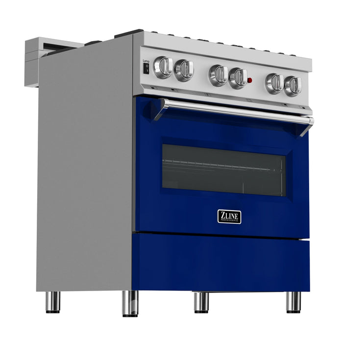 ZLINE 30 in. 4.0 cu. ft. Legacy Dual Fuel Range with 4 Burner Gas Cooktop and Electric Convection Oven in DuraSnow® Stainless Steel and Blue Gloss Door (RAS-BG-30)