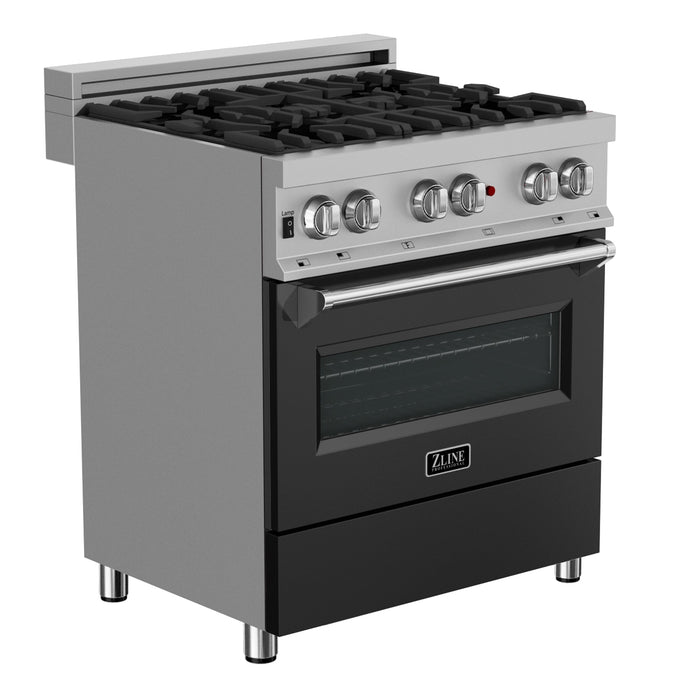 ZLINE 30 in. 4.0 cu. ft. Legacy Dual Fuel Range with 4 Burner Gas Cooktop and Electric Convection Oven in DuraSnow® Stainless Steel and Black Matte Door (RAS-BLM-30)