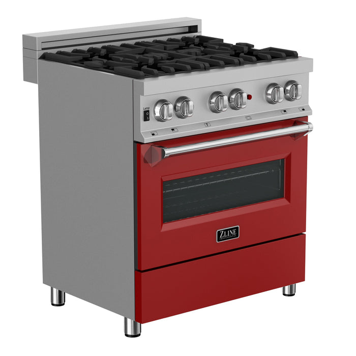 ZLINE 30 in. 4.0 cu. ft. Legacy Dual Fuel Range with 4 Burner Gas Cooktop and Electric Convection Oven in DuraSnow® Stainless Steel and Red Matte Door (RAS-RM-30)