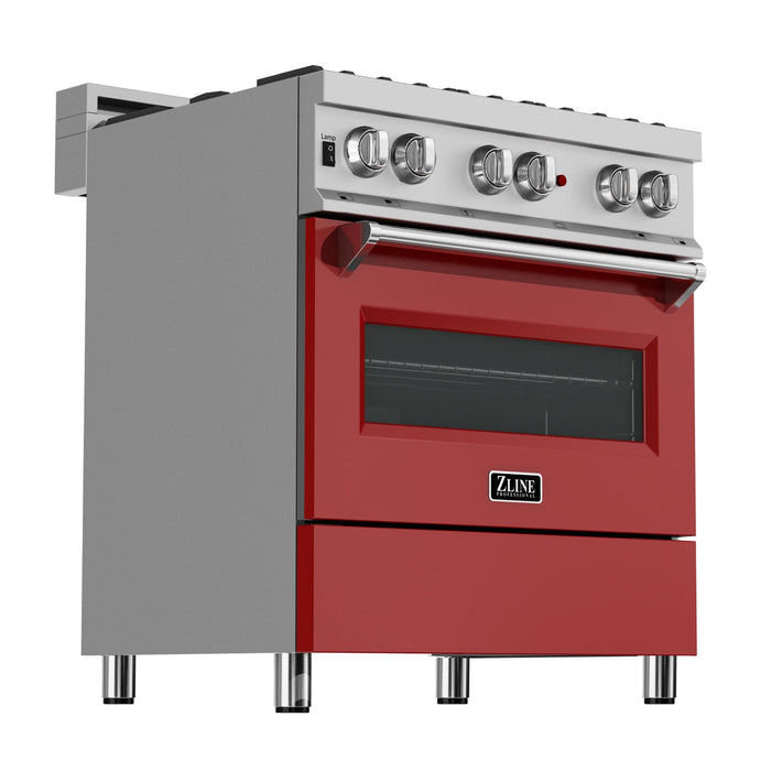 ZLINE 30 in. 4.0 cu. ft. Legacy Dual Fuel Range with 4 Burner Gas Cooktop and Electric Convection Oven in DuraSnow® Stainless Steel and Red Matte Door (RAS-RM-30)