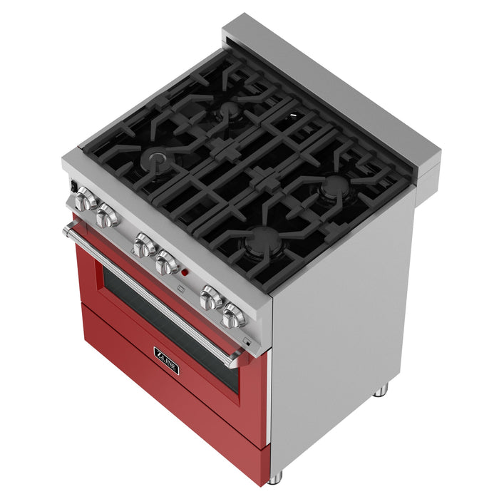 ZLINE 30 in. 4.0 cu. ft. Legacy Dual Fuel Range with 4 Burner Gas Cooktop and Electric Convection Oven in DuraSnow® Stainless Steel and Red Matte Door (RAS-RM-30)