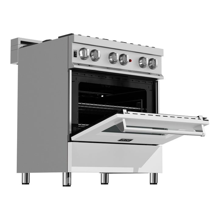 ZLINE 30 in. 4.0 cu. ft. Legacy Dual Fuel Range with 4 Burner Gas Cooktop and Electric Convection Oven in DuraSnow® Stainless Steel and White Matte Door (RAS-WM-30)