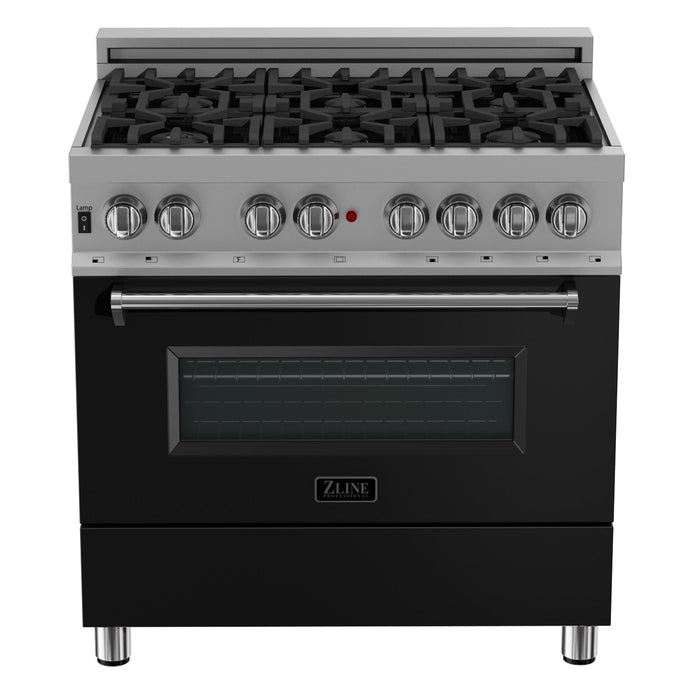 ZLINE 36 in. 4.6 cu. ft. Legacy Dual Fuel Range with 6 Burner Gas Cooktop and Electric Convection Oven in DuraSnow® Stainless Steel and Black Matte Door (RAS-BLM-36)