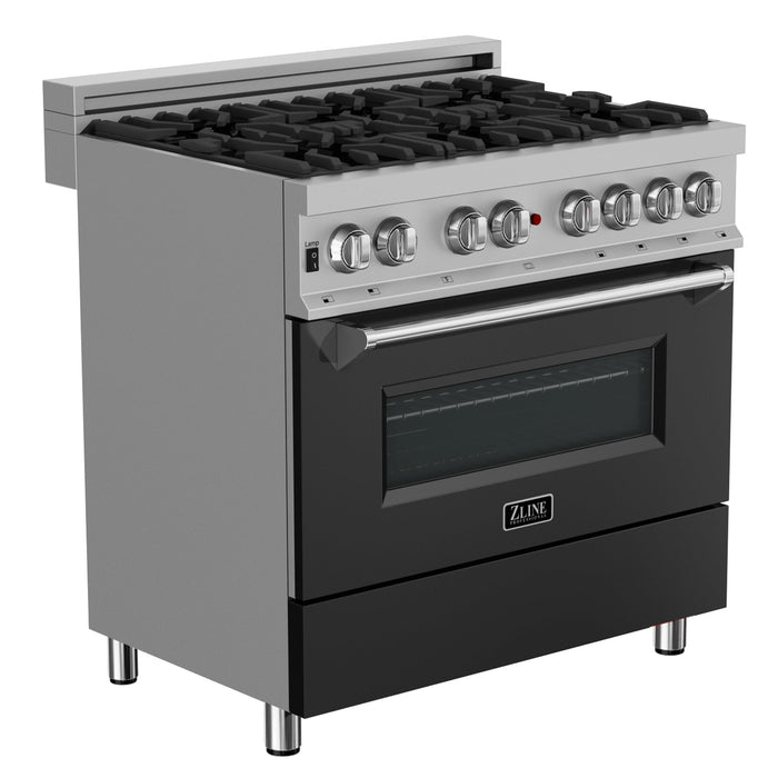 ZLINE 36 in. 4.6 cu. ft. Legacy Dual Fuel Range with 6 Burner Gas Cooktop and Electric Convection Oven in DuraSnow® Stainless Steel and Black Matte Door (RAS-BLM-36)