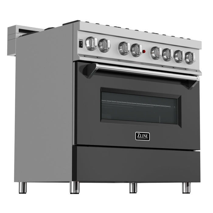 ZLINE 36 in. 4.6 cu. ft. Legacy Dual Fuel Range with 6 Burner Gas Cooktop and Electric Convection Oven in DuraSnow® Stainless Steel and Black Matte Door (RAS-BLM-36)