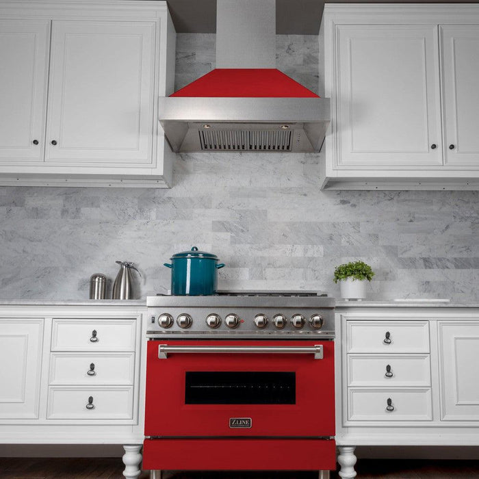 ZLINE 36 in. 4.6 cu. ft. Legacy Dual Fuel Range with 6 Burner Gas Cooktop and Electric Convection Oven in DuraSnow® Stainless Steel and Red Matte Door (RAS-RM-36)