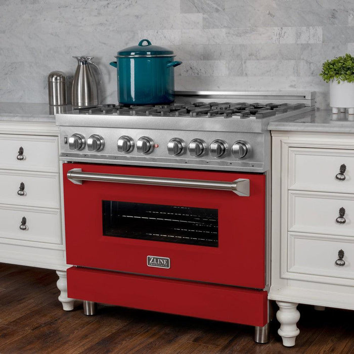 ZLINE 36 in. 4.6 cu. ft. Legacy Dual Fuel Range with 6 Burner Gas Cooktop and Electric Convection Oven in DuraSnow® Stainless Steel and Red Matte Door (RAS-RM-36)