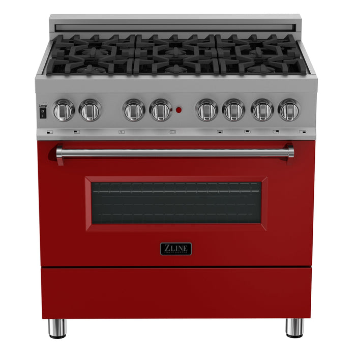 ZLINE 36 in. 4.6 cu. ft. Legacy Dual Fuel Range with 6 Burner Gas Cooktop and Electric Convection Oven in DuraSnow® Stainless Steel and Red Matte Door (RAS-RM-36)