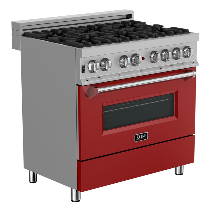 ZLINE 36 in. 4.6 cu. ft. Legacy Dual Fuel Range with 6 Burner Gas Cooktop and Electric Convection Oven in DuraSnow® Stainless Steel and Red Matte Door (RAS-RM-36)