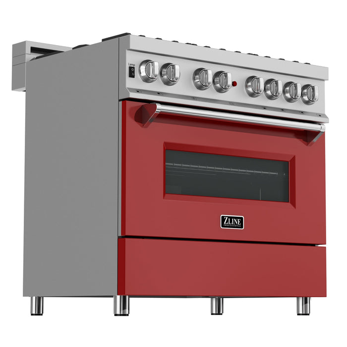 ZLINE 36 in. 4.6 cu. ft. Legacy Dual Fuel Range with 6 Burner Gas Cooktop and Electric Convection Oven in DuraSnow® Stainless Steel and Red Matte Door (RAS-RM-36)