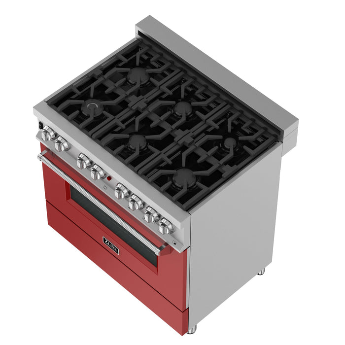 ZLINE 36 in. 4.6 cu. ft. Legacy Dual Fuel Range with 6 Burner Gas Cooktop and Electric Convection Oven in DuraSnow® Stainless Steel and Red Matte Door (RAS-RM-36)