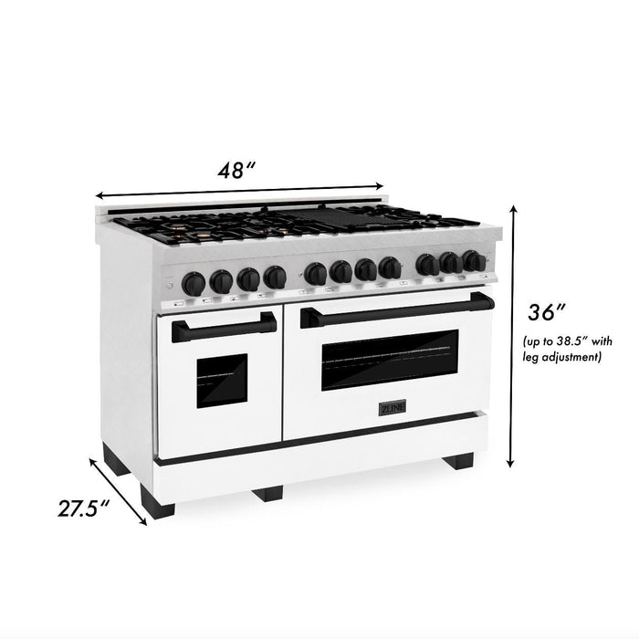 ZLINE Autograph Edition 48 in. 6.0 cu. ft. Legacy Dual Fuel Range with 7 Burner Gas Cooktop and 2 Electric Ovens in DuraSnow® Stainless Steel with White Matte Doors and Matte Black Accents (RASZ-WM-48-MB)