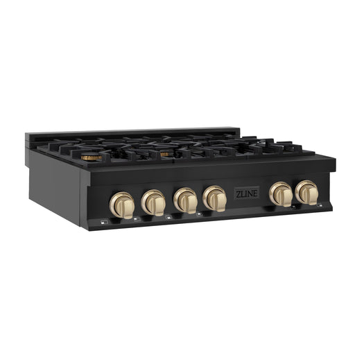 ZLINE Autograph Edition 36 in. Porcelain Rangetop with 6 Gas Burners in Black Stainless Steel and Polished Gold Accents (RTBZ-36-G) side.