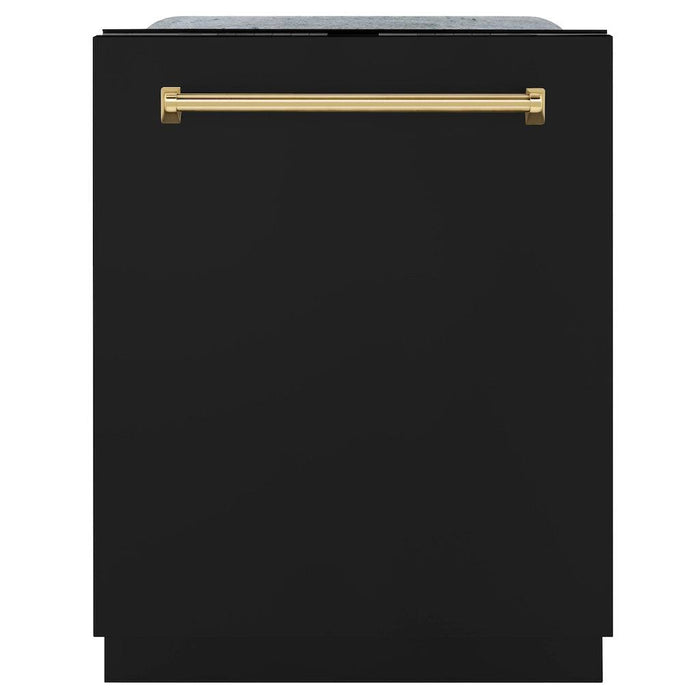 ZLINE Autograph Edition 24 in. Monument Series 3rd Rack Top Touch Control Tall Tub Dishwasher in Black Matte with Polished Gold Handle, 45dBa (DWMTZ-BLM-24-G)