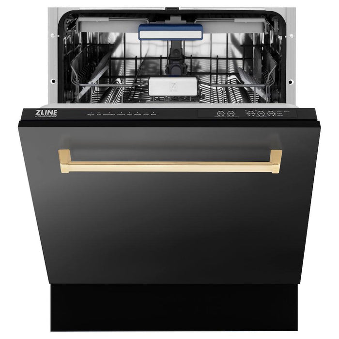 ZLINE Autograph Edition 36 in. Kitchen Package with Black Stainless Steel Dual Fuel Range, Range Hood and Dishwasher with Polished Gold Accents (3AKP-RABRHDWV36-G)