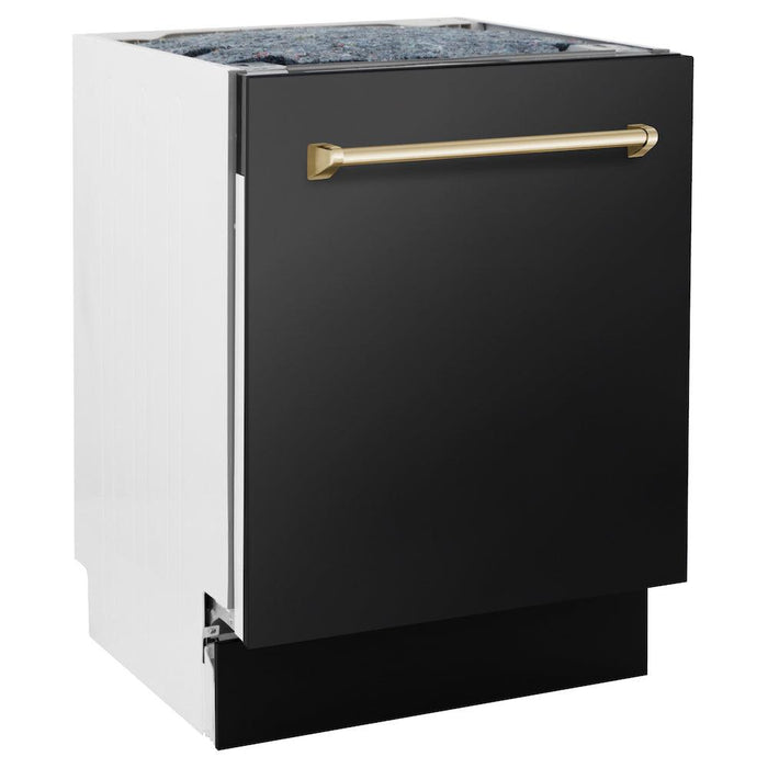 ZLINE Autograph Edition 36 in. Kitchen Package with Black Stainless Steel Dual Fuel Range, Range Hood and Dishwasher with Polished Gold Accents (3AKP-RABRHDWV36-G)