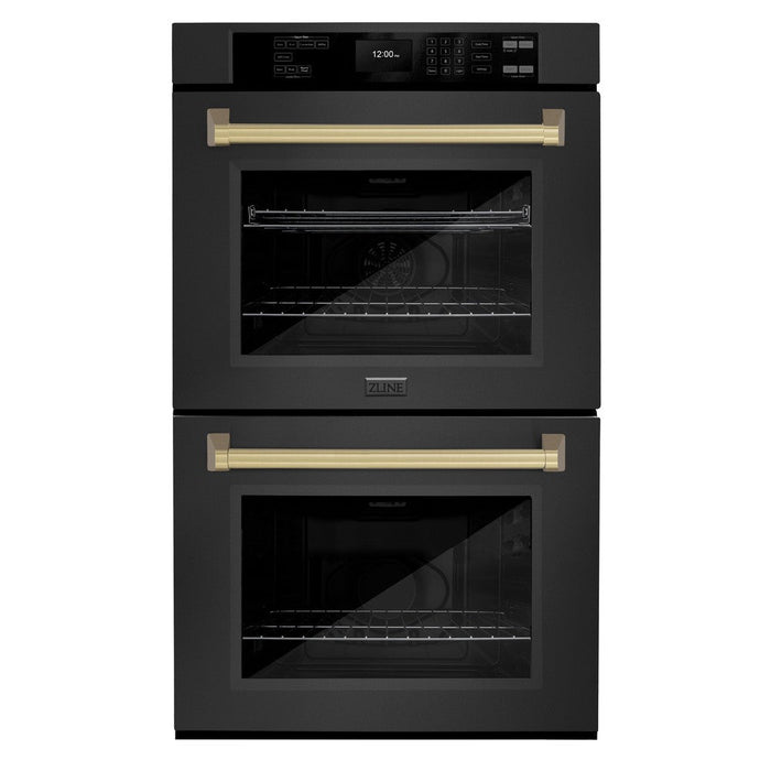 ZLINE Autograph Edition 30 in. Professional True Convection Double Wall Oven with Air Fry and Self Clean in Black Stainless Steel with Champagne Bronze Handles (WADBZ-30-CB)