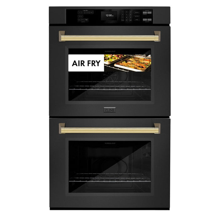 ZLINE Autograph Edition 30 in. Professional True Convection Double Wall Oven with Air Fry and Self Clean in Black Stainless Steel with Polished Gold Handles (WADBZ-30-G)