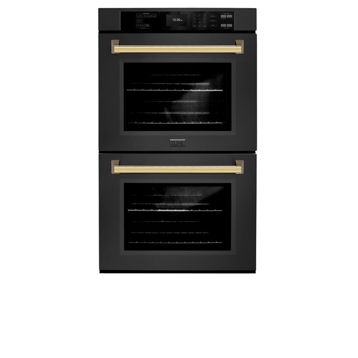 ZLINE Autograph Edition 30 in. Professional True Convection Double Wall Oven with Air Fry and Self Clean in Black Stainless Steel with Polished Gold Handles (WADBZ-30-G)