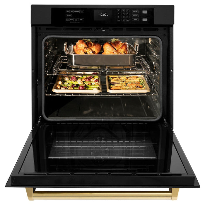 ZLINE Autograph Edition 30 in. Professional True Convection Single Wall Oven with Air Fry and Self Clean in Black Stainless Steel with Polished Gold Handle (WASBZ-30-G)