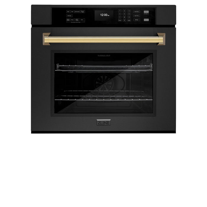 ZLINE Autograph Edition 30 in. Professional True Convection Single Wall Oven with Air Fry and Self Clean in Black Stainless Steel with Polished Gold Handle (WASBZ-30-G)