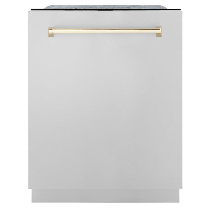 ZLINE Autograph Edition 24 in. Monument Series 3rd Rack Top Touch Control Tall Tub Dishwasher in Stainless Steel with Polished Gold Handle, 45dBa (DWMTZ-304-24-G)