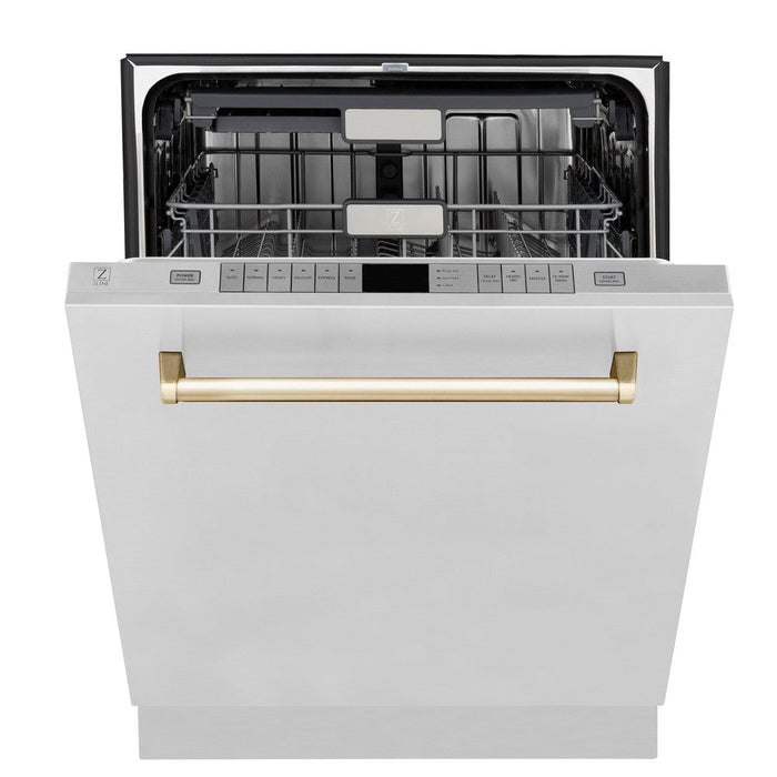 ZLINE Autograph Edition 48 in. Kitchen Package with Stainless Steel Dual Fuel Range, Range Hood, Dishwasher and Refrigeration with Polished Gold Accents (4KAPR-RARHDWM48-G)