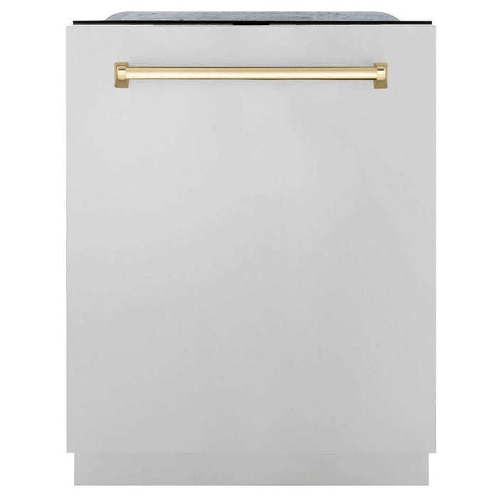 ZLINE Autograph Edition 30 in. Kitchen Package with Stainless Steel Dual Fuel Range, Range Hood, Dishwasher, and Refrigerator with External Water Dispenser with Polished Gold Accents (4AKPR-RARHDWM30-G)