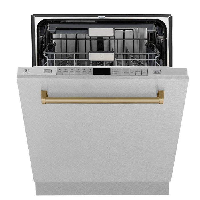 ZLINE Autograph Edition 24 in. Monument Series 3rd Rack Top Control Tall Tub Dishwasher in Fingerprint Resistant Stainless Steel with Champagne Bronze Accents, 45dBa (DWMTZ-SN-24-CB)