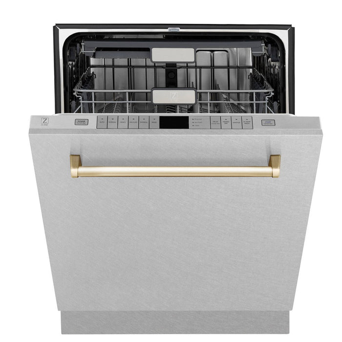 ZLINE Autograph Edition 24 in. Monument Series 3rd Rack Top Control Tall Tub Dishwasher in Fingerprint Resistant Stainless Steel with Polished Gold Accents, 45dBa (DWMTZ-SN-24-G)